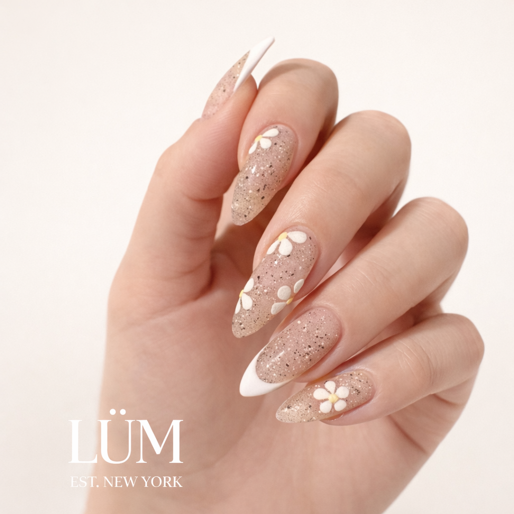 Beige Sparkles Flowers French - Almond Long