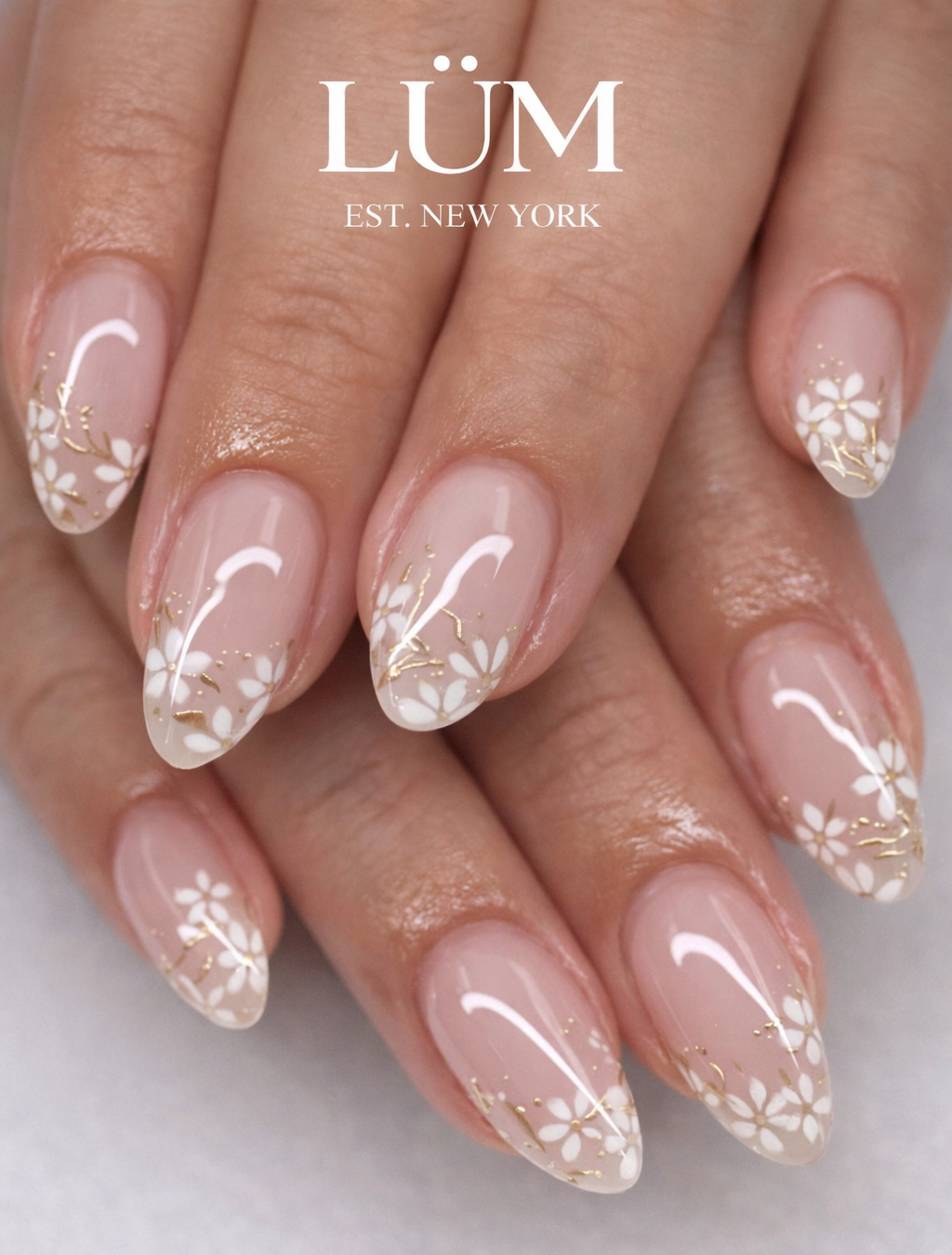 Beige Base White Flowers on the End - Almond Short Length