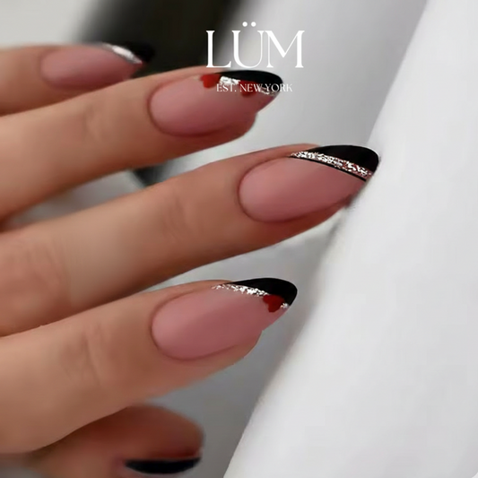 Pinky Base Black Silver Red Heart - Almond Long